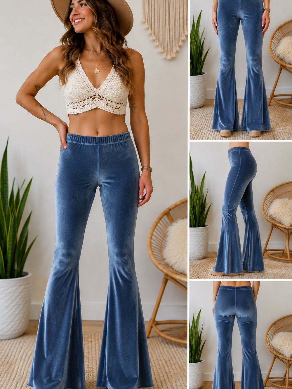 Three Bird Nest Icy Blue Velvet Bell Bottom Flare Pants Small 35” Inseam